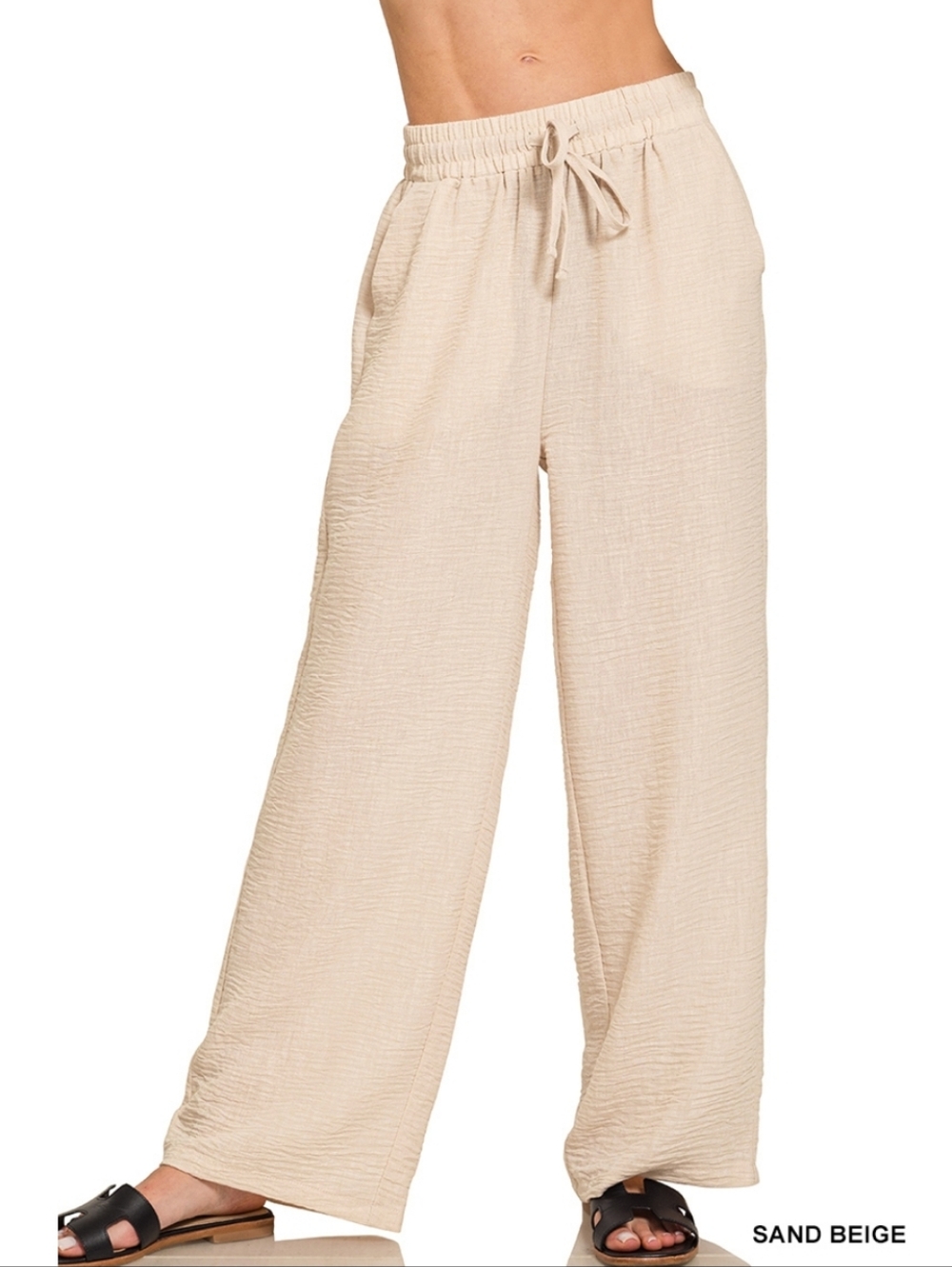New Zenana Sand Beige Woven Crepe Pants